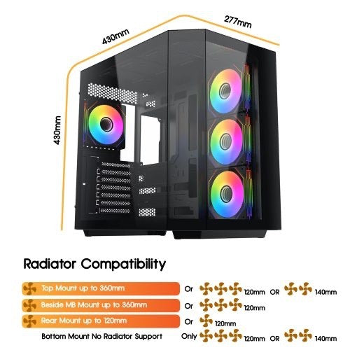 Vida Edge ATX Cube RGB Case — Glass Panels, 4× ARGB, BTF Compatible (Black)